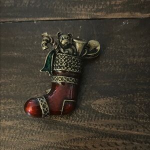 Red Enamel Christmas Stocking Brooch with Teddy and Green Accent